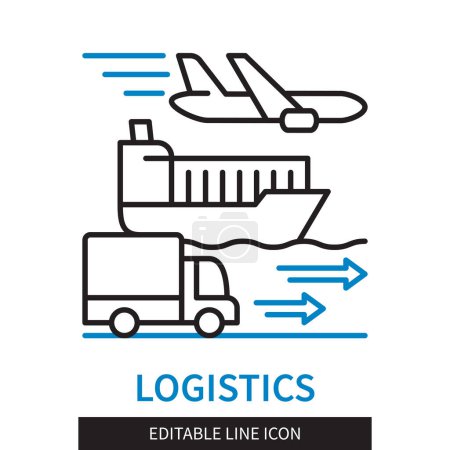 Ilustración de Línea editable Icono de esquema logístico. Camión, portacontenedores y avión de carga. Entrega de mercancías en todo el mundo. Icono de trazo editable aislado sobre fondo blanco - Imagen libre de derechos