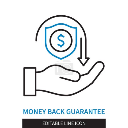 Illustration for Editable line Money Back Guarantee outline icon. Hand holding a shield with a dollar sign and a return arrow. Editable stroke icon isolated on white background - Royalty Free Image