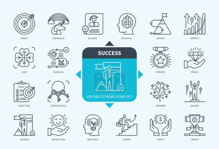 Illustration for Editable line Success outline icon set. Winner, Potential, Reward, Planning, Mission, Luck, Opportunities, Profit, Career, Satisfaction. Editable stroke icons EPS - Royalty Free Image