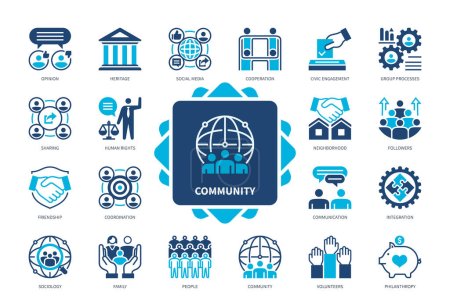 Illustration for Community icon set. Support, Society, Social Media, Teamwork, Communication, Human Rights, Opinion, Neighbourhood. Duotone color solid icons - Royalty Free Image