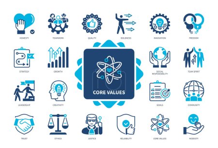 Core values icon set. Society, Teamwork, Ethic, Innovations, Freedom, Modesty, Social Responsibility, Support. Duotone color solid icons