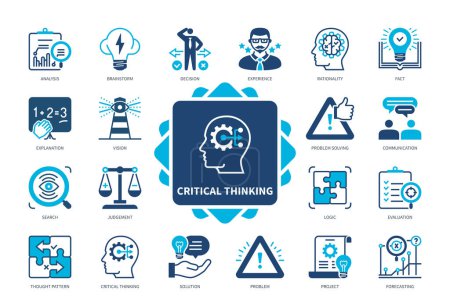 Illustration for Critical thinking icon set. Solution, Problem, Logic, Knowledge, Explanation, Vision, Solution, Forecasting. Duotone color solid icons - Royalty Free Image