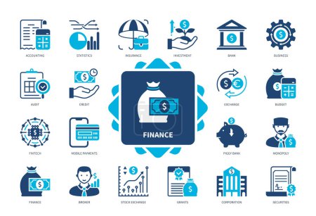 Illustration for Finance icon set. Securities, Insurance, Stock Exchange, Business, Piggy Bank, Accounting, Investment. Duotone color solid icons - Royalty Free Image