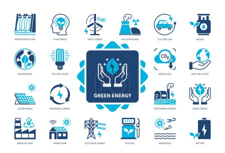 Téléchargez les illustrations : Ensemble d'icônes Énergie verte. Énergie nucléaire, panneaux solaires, éolienne, batterie, biogaz, énergie géothermique. Icônes solides de couleur Duotone - en licence libre de droit