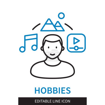 Illustration for Editable line Hobbies outline icon. Man with music video icons and pictures above him. Editable stroke icon isolated on white background - Royalty Free Image