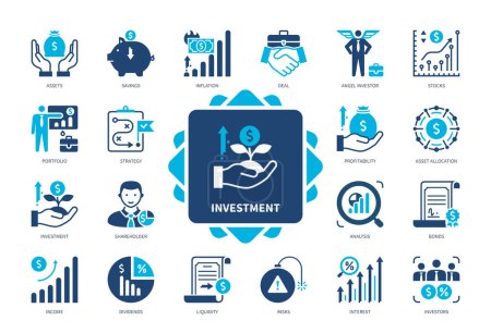 Illustration for Investment icon set. Angel Investor, Stocks, Asset Allocation, Income, Dividends, Profitability, Portfolio. Duotone color solid icons - Royalty Free Image