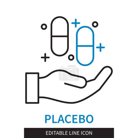 Illustration for Editable line Placebo outline icon. Hand holding two pills. Editable stroke icon isolated on white background - Royalty Free Image