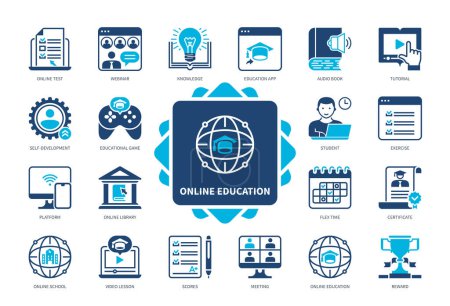 Online Education icon set. Tutorial, Video Lessons, Online School, Development, Webinar, Online Library, Certificate, Scores. Duotone color solid icons