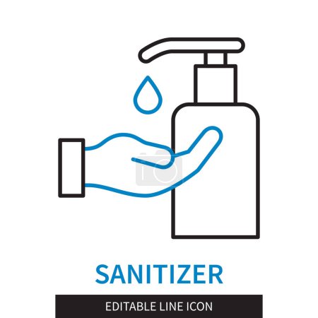 Ilustración de Icono de esquema de desinfectante de línea editable. Desinfección de manos con un desinfectante. Icono de trazo editable aislado sobre fondo blanco - Imagen libre de derechos