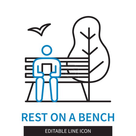 Téléchargez les illustrations : Ligne modifiable Repose sur l'icône de contour du banc. L'homme est assis sur un banc dans le parc. Icône de course modifiable isolée sur fond blanc - en licence libre de droit