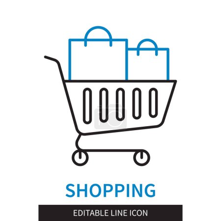 Illustration for Editable line Shopping outline icon. Two grocery bags in a supermarket trolley. Editable stroke icon isolated on white background - Royalty Free Image