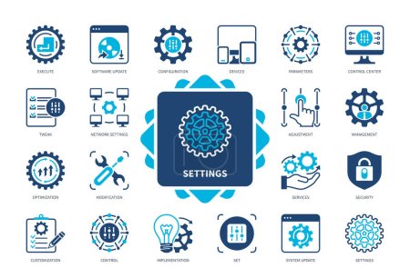 Illustration for Settings icon set. Configuration, Adjustment, Tweak, Parameters, Software Update, Control, Security, Modification, devices. Duotone color solid icons - Royalty Free Image