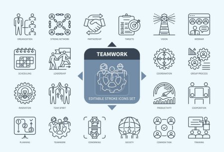 Línea editable Conjunto de iconos de esquema de trabajo en equipo. Sociedad, Productividad, Capacitación, Planificación, Red Fuerte, Coworking, Cooperación, Liderazgo. Iconos de carrera editables EPS