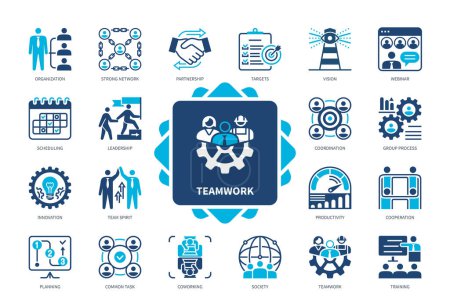 Teamwork icon set. Society, Productivity, Training, Planning, Strong Network, Coworking, Cooperation, Leadership. Duotone color solid icons