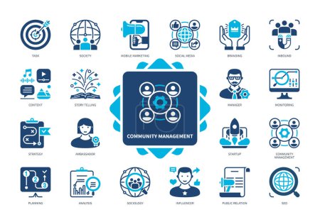 Community Management icon set. Social Media, Influencer, Public Relations, SEO, Monitoring, Branding, Strategy, Startup. Duotone color solid icons