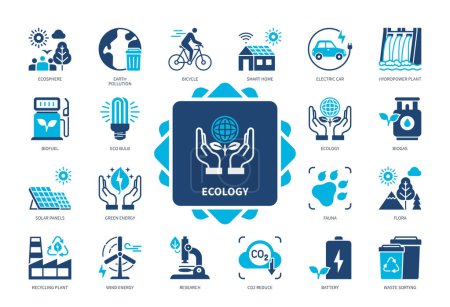 Ökologie-Icon gesetzt. Grüne Energie, Recyclinganlage, Sonnenkollektoren, Fauna, CO2-Reduzierung, Fahrrad, Biokraftstoff, Windenergie. Duotonfarbe einfarbige Symbole