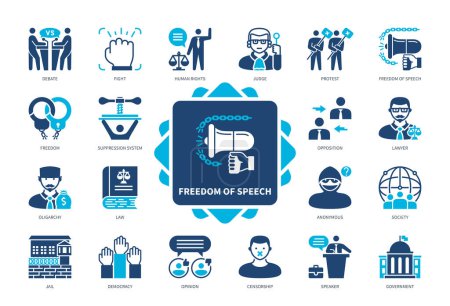 Illustration for Freedom of speech icon set. Protest, Anonymous, Freedom, Human Rights, Censorship, Opinion, Democracy, Government. Duotone color solid icons - Royalty Free Image