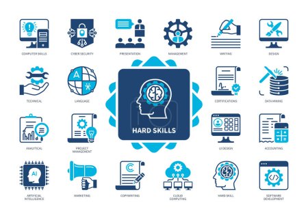Illustration for Hard Skills icon set. Data Mining, Technical, Artificial Intelligence, Cyber Security, Copywriting, Design, Project Management. Duotone color solid icons - Royalty Free Image