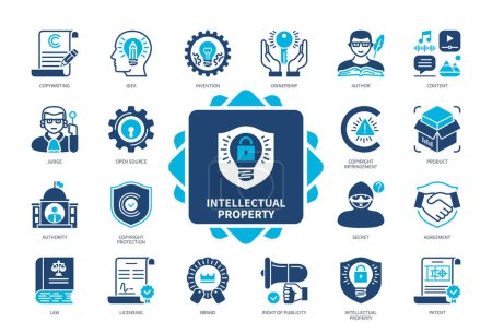 Intellectual Property icon set. Idea, Judge, Secret, Content, Author, Copyright Infringement, Patent, Invention. Duotone color solid icons