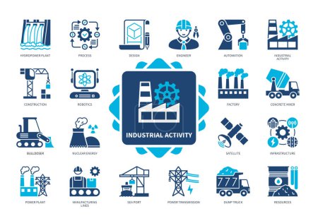 Illustration for Industrial Activity icon set. Automation, Process, Hydropower Plant, Robotics, Design, Infrastructure, Satellite, Resources. Duotone color solid icons - Royalty Free Image