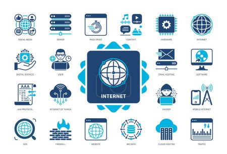 Illustration for Internet icon set. Digital Services, Hacker, Software, Firewall, Email Hosting, Hardware, Internet of Things, Website. Duotone color solid icons - Royalty Free Image