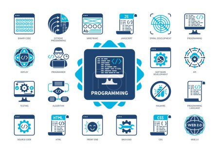 Illustration for Programming icon set. Web, Algorithm, Binary Code, Spiral Development, Malware, Cloud Computing, Programmer, Javascript. Duotone color solid icons - Royalty Free Image