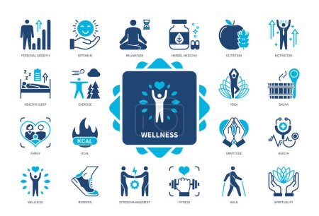 Illustration for Wellness icon set. Family, Wellness, Nutrition, Running, Relaxation, Personal Growth, Yoga, Motivation. Duotone color solid icons - Royalty Free Image