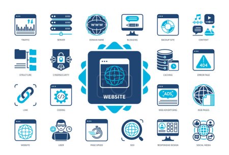 Illustration for Website icon set. Server, Traffic, Structure, Responsive Design, Content, Cyber Security, Social Media, Coding. Duotone color solid icons - Royalty Free Image