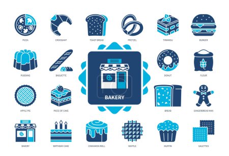 Illustration for Bakery icon set. Pizza, Croissant, Toast Bread, Burger, Donut, Flour, Cake, Pudding. Duotone color solid icons - Royalty Free Image