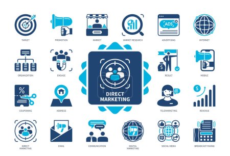Illustration for Direct Marketing icon set. Internet, Address, Broadcast Faxing, Revenue, Mobile, Advertising, Market Research, Email. Duotone color solid icons - Royalty Free Image
