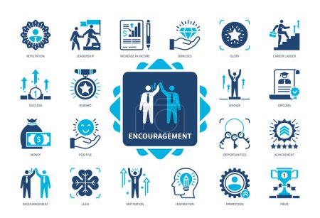 Illustration for Encouragement icon set. Promotion, Achievement, Reputation, Reward, Career Ladder, Success, Bonuses, Opportunity. Duotone color solid icons - Royalty Free Image