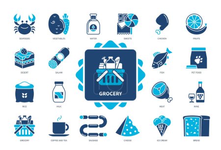 Illustration for Grocery icon set. Seafoods, Water, Toast Bread, Pet Food, Sweets, Fruits, Desert, Fish. Duotone color solid icons - Royalty Free Image