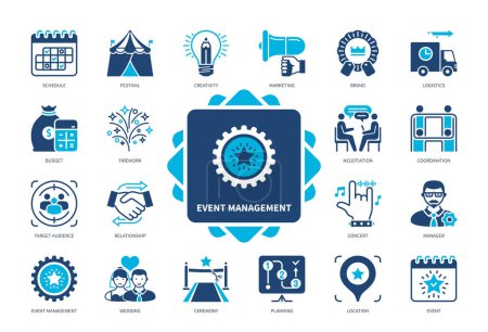 Event Management Icon gesetzt. Events, Termine, Festival, Budget, Zielpublikum, Koordination, Marketing, Logistik. Duotonfarbe einfarbige Symbole