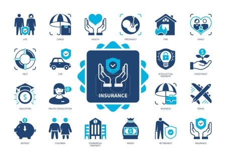 Illustration for Insurance icon set. Life, Cargo, Health, Intellectual Property, Retirement, Business, Car, Education. Duotone color solid icons - Royalty Free Image