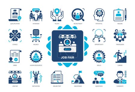 Illustration for Job Fair icon set. Resume, Vacancy, Motivation, Interview, Human Resources, Profession, Candidate, Recruitment. Duotone color solid icons - Royalty Free Image