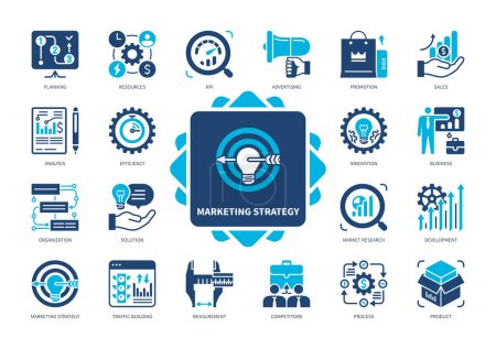 Illustration for Marketing Strategy icon set. Social Media, Product, Traffic Building, Promotion, Competitors, Key Performance Indicators, Analysis, Sales. Duotone color solid icons - Royalty Free Image