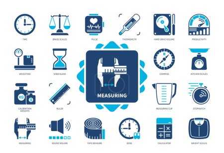 Illustration for Measuring icon set. Stopwatch, Dose, Scales, Weighting, Time, Productivity, Calculator, Ruler. Duotone color solid icons - Royalty Free Image