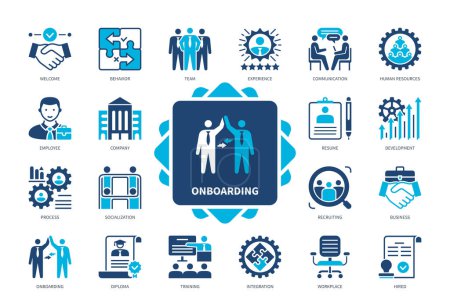 Illustration for Onboarding icon set. Employee, Integration, Human Resources, Workplace, welcome, Experience, Company, Training. Duotone color solid icons - Royalty Free Image