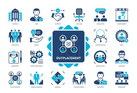Illustration for Outplacement icon set. Career Guidance, Consulting, Advice, Recruitment, Workshop, Support, Agreement, Skills. Duotone color solid icons - Royalty Free Image