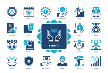 Illustration for Benefit icon set. Business, Satisfaction, Employees Benefit, Growth, Compensation, Profit, Success, Bonuses. Duotone color solid icons - Royalty Free Image
