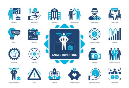 Angel Investing icon set. Unternehmen, Risikokapital, Beratung, Beratung, Crowdfunding, Partnerschaft, Wachstum. Duotonfarbe einfarbige Symbole