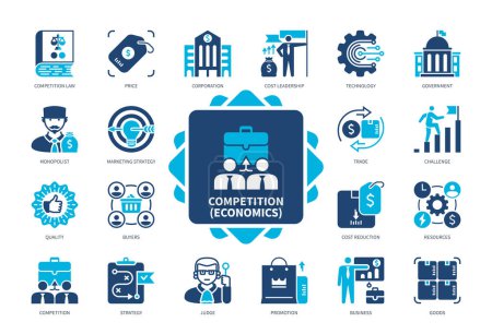 Competition (economics) icon set. Marketing Strategy, Competition Law, Cost Reduction, Resources, Buyers, Price, Trade, Goods. Duotone color solid icons