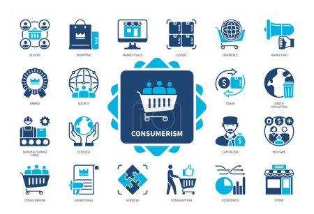 Illustration for Consumerism icon set. Goods, Services, Advertising, Shopping, Brand, Marketplace, Commerce, Earth Pollution. Duotone color solid icons - Royalty Free Image