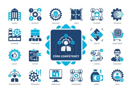 Illustration for Core Competency icon set. Benefit, Goods, Innovation, Global Market, Customers, Quality, Company, Marketplace. Duotone color solid icons - Royalty Free Image