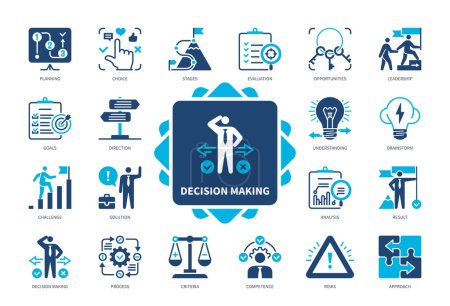 Illustration for Decision Making icon set. Brainstorm, Criteria, Planning, Analysis, Competence, Opportunities, Understanding, Result. Duotone color solid icons - Royalty Free Image