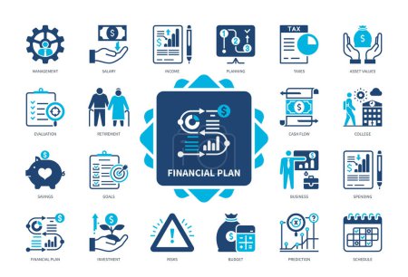 Illustration for Financial Plan set icon set. Goals, Cash Flow, Investment, Income, Planning, Savings, Management, Asset Values. Duotone color solid icons - Royalty Free Image