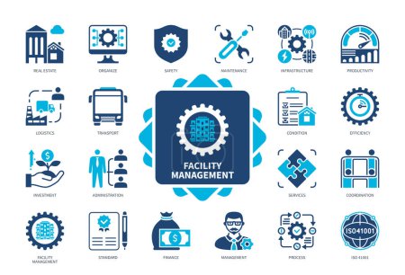 Illustration for Facility Management icon set. Real Estate, Finance, Management, Administration, Infrastructure, Efficiency, Safety, Maintenance. Duotone color solid icons - Royalty Free Image