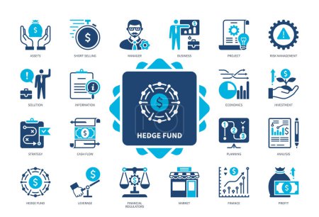 Ilustración de Conjunto de iconos de Hedge Fund. Gestión de Riesgos, Inversión, Reguladores Financieros, Activos, Negocios, Flujo de Efectivo, Beneficio, Análisis. Iconos sólidos de color duotono - Imagen libre de derechos