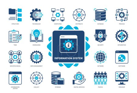 Illustration for Information System icon set. Tasks, Computing, Database, Collect, Storage, Security, People, Technology. Duotone color solid icons - Royalty Free Image