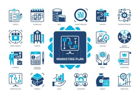 Marketing Plan icon set. Targets, Prediction, Targets, Sales, Strategy, Customers, Market Segmentation, Product. Duotone color solid icons